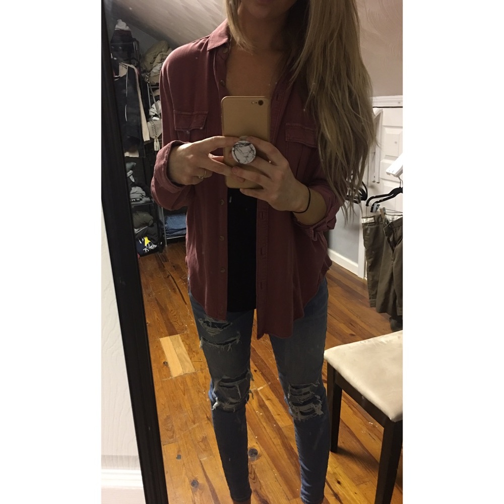 AEO Burgundy Soft Button-Up Shirt